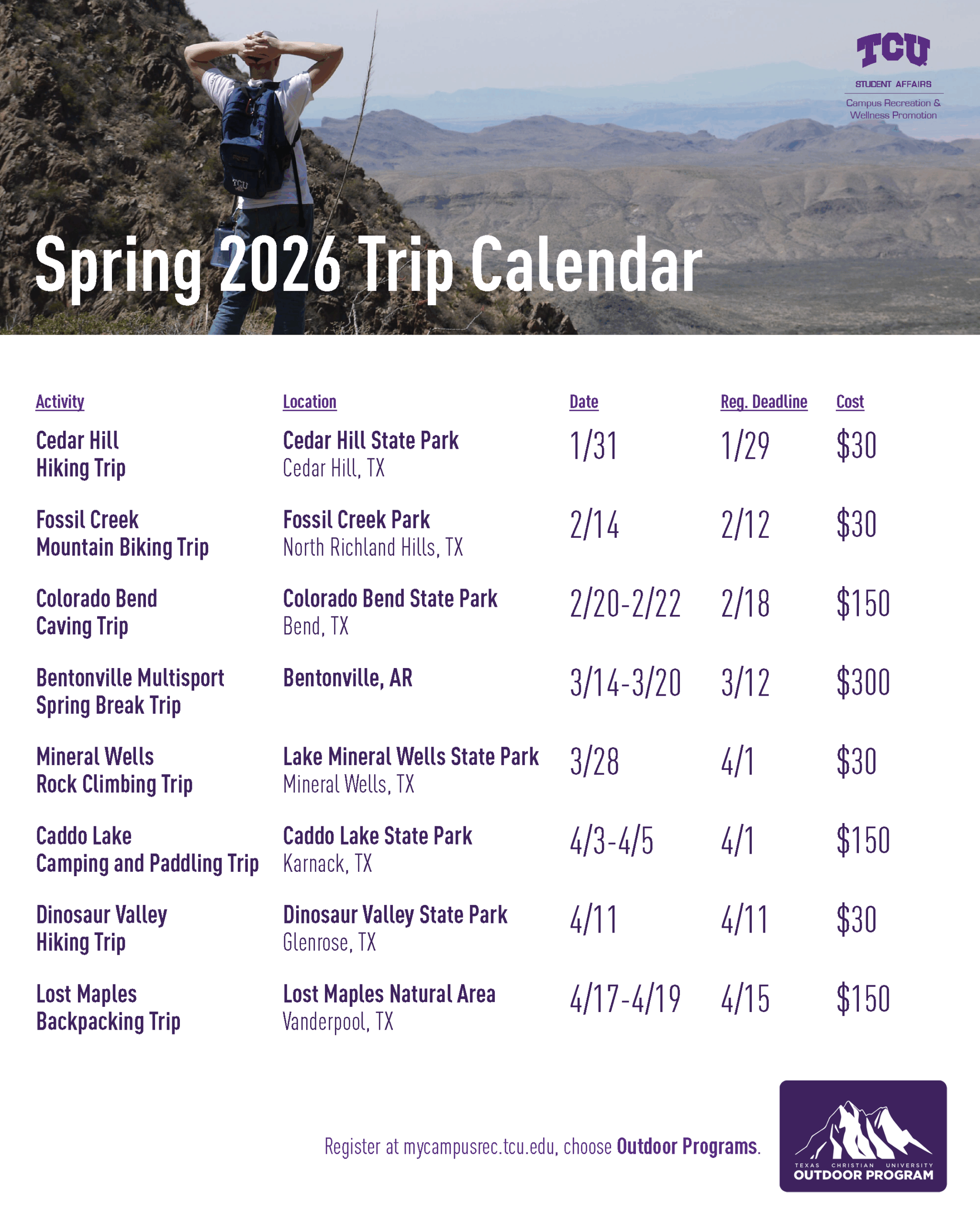 Spring 2026 Trip Calendar social